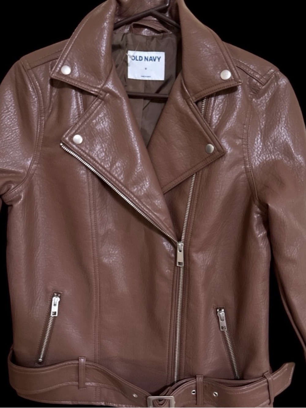 Old Navy Brown Faux Leather Moto Jacket with Belt